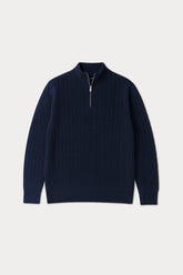 Cable Knit Wool Half Zip Sweater - Royal Navy